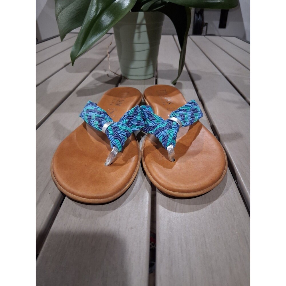 Italian Shoemakers Woman Blue Turquoise Leather Thong Wedge Sandals Sz 8 SB2 - Picture 8 of 9
